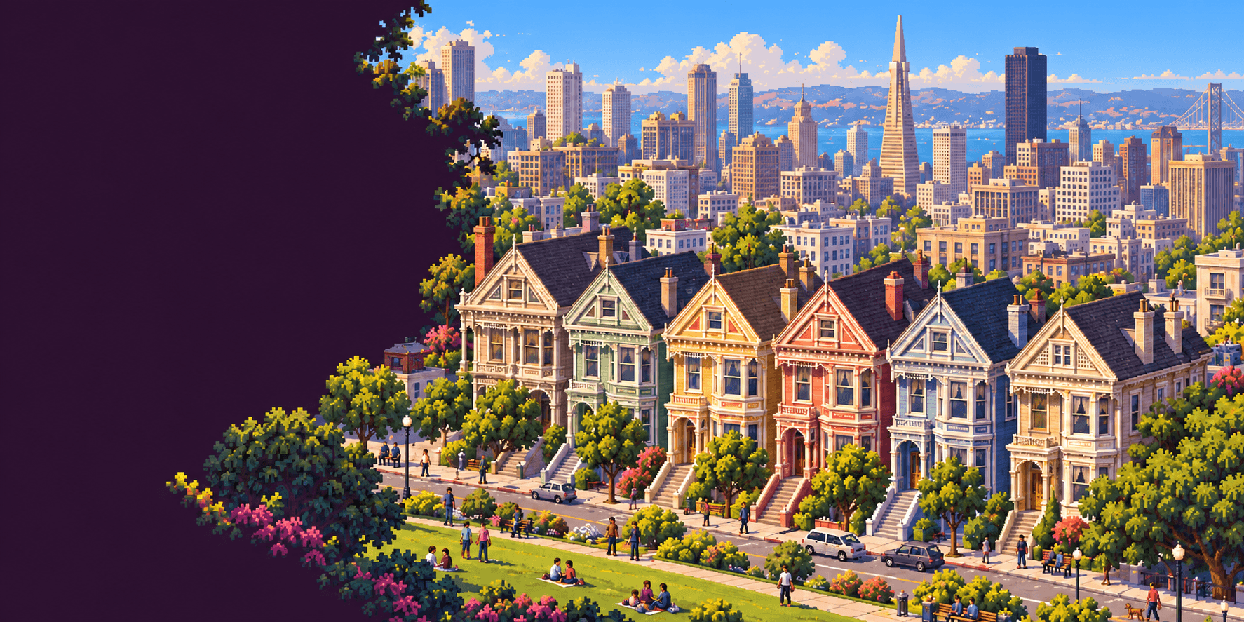 Pixel-art illustration of San Francisco's Painted Ladies and skyline.
